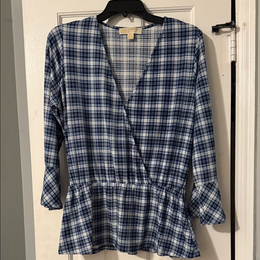 Michael Kors Blue Plaid Wrap Blouse